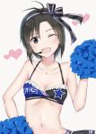  1girl ;d antenna_hair bikini black_eyes black_hair breasts cheerleader cleavage collarbone frilled_bikini_top hairband heart highres idolmaster idolmaster_(classic) kikuchi_makoto looking_at_viewer microphone midriff mogskg navel one_eye_closed open_mouth pom_poms print_bikini print_bikini_top short_hair simple_background small_breasts smile solo standing star star_print stomach striped striped_hairband swimsuit upper_body white_background 