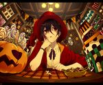  arizuka_(catacombe) brown_hair candy eating fisheye food halloween hat highres original pumpkin red_eyes red_hat room short_hair witch 