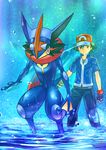  baseball_cap black_gloves black_hair blue_pants blue_shirt botbe fingerless_gloves gen_6_pokemon gloves green_eyes greninja hair_between_eyes hat highres looking_at_viewer pants pokemon pokemon_(anime) pokemon_(creature) red_eyes red_hat satoshi_(pokemon) scarf shirt short_sleeves standing tongue wading water 