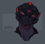  2015 alien black_body bust_portrait colored digital_drawing_(artwork) digital_media_(artwork) fan_character feranta front_view grey_background half-closed_eyes humanoid lilus_(onom) looking_away male markings mass_effect no_pupils not_furry piercing portrait red_eyes red_markings red_sclera shaded signature simple_background smile smirk turian video_games 