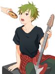  akiyama_hayato arm_support bass_guitar brown_eyes doughnut eyebrows eyebrows_visible_through_hair food green_hair idolmaster idolmaster_side-m instrument male_focus open_mouth sagami_hako shirt simple_background sitting solo_focus t-shirt white_background 