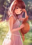  adjusting_hair bare_arms blurry brown_eyes brown_hair cover cover_page depth_of_field doujin_cover dress eyebrows eyebrows_visible_through_hair hat hat_removed headwear_removed looking_at_viewer nishizawa open_mouth original short_hair sleeveless solo 