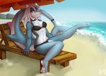  2016 4_toes 5_fingers anthro beach blue_eyes bra breasts clothing collar diaminerre digital_media_(artwork) eyebrows female fin fish hair looking_at_viewer marine outside plantigrade sea seaside shark sitting slit_pupils soles solo swimsuit tail_fin toes umbrella underwear water white_hair 