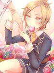  1girl brown_eyes brown_hair candy female_saniwa_(touken_ranbu) food hair_ornament hairclip houchou_toushirou jar jewelry lollipop military military_uniform mouth_hold out_of_frame pocky ring sakurapain6918 saniwa_(touken_ranbu) shorts smile touken_ranbu uniform wedding_band 