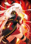  1girl black_legwear breasts erect_nipples fate_(series) floating_hair kazuma_muramasa koha-ace large_breasts long_hair long_sleeves miniskirt okita_souji_(alter)_(fate) okita_souji_(fate)_(all) red_skirt silver_hair skirt solo standing thighhighs very_long_hair yellow_eyes 