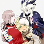  alternate_costume armor artoria_pendragon_(all) artoria_pendragon_(lancer_alter) blonde_hair blush bottle braid breast_rest breasts breasts_on_head cleavage fate/apocrypha fate/grand_order fate_(series) florence_nightingale_(fate/grand_order) french_braid girl_sandwich goya_(xalbino) green_eyes hair_ornament horns huge_breasts jewelry large_breasts long_hair midriff mordred_(fate) mordred_(fate)_(all) multiple_girls necklace pauldrons pink_hair ponytail sandwiched skull smile spoon spray_bottle true_samadhi_fire yellow_eyes yuri 