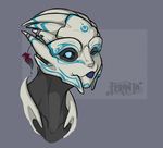  2015 alien aros_(datscreamer44) black_body blue_eyes blue_markings blue_tongue bust_portrait colored digital_drawing_(artwork) digital_media_(artwork) fan_character feranta grey_background looking_at_viewer markings mass_effect not_furry one_eye_closed portrait shaded signature simple_background smile solo tongue tongue_out turian two_tone_body video_games white_body wink 