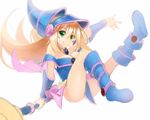  bangs bare_shoulders blonde_hair blue_dress blue_footwear blurry blurry_background blurry_foreground blush_stickers boots bracer breasts cleavage closed_mouth commentary dark_magician_girl dress duel_monster fading floating full_body green_eyes hat holding holding_staff long_hair looking_at_viewer medium_breasts nyanmaru overskirt pink_cape simple_background sketch smile solo staff white_background wizard_hat yuu-gi-ou yuu-gi-ou_duel_monsters 