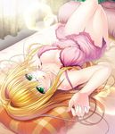  1girl arm_up bed bed_sheet blonde_hair blush breasts cleavage collarbone curtains drapes feet glasses green_eyes legs long_hair nightgown open_mouth pillow shiny solo tearju_lunatique thighhighs thighs to_love-ru very_long_hair 