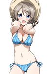  :d ass_visible_through_thighs bikini blue_bikini blue_eyes blush breasts cleavage contrapposto cowboy_shot hat highres large_breasts light_brown_hair looking_at_viewer love_live! love_live!_sunshine!! navel open_mouth rozen5 shiny shiny_skin side-tie_bikini simple_background smile solo standing striped striped_bikini sun_hat swimsuit vertical-striped_bikini vertical_stripes watanabe_you white_background 