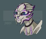  2015 alien azzax blue_eyes bust_portrait collar colored digital_drawing_(artwork) digital_media_(artwork) fan_character female feranta glowing glowing_eyes grin humanoid looking_at_viewer markings mass_effect portrait purple_markings purple_sclera shaded smile teeth turian video_games white_body 