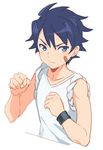  bandaid bandaid_on_face blue_eyes blue_hair child clenched_hands idolmaster idolmaster_side-m male_focus sagami_hako sleeves_rolled_up solo taiga_takeru upper_body wristband younger 