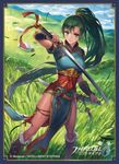  aqua_eyes boots copyright_name cuboon earrings fire_emblem fire_emblem:_rekka_no_ken fire_emblem_cipher grasslands green_hair holding holding_sword holding_weapon jewelry knee_boots long_hair looking_at_viewer lyndis_(fire_emblem) official_art pelvic_curtain ponytail smile solo sword weapon 