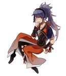  2016 bad_id bad_pixiv_id black_legwear blue_hair bow breastplate dated fire_emblem fire_emblem_if full_body hairband hand_on_hip hand_to_own_mouth japanese_clothes kmkr long_hair looking_at_viewer oboro_(fire_emblem_if) orange_eyes pants ponytail smile solo 