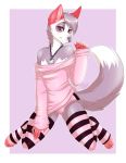  biting_lip bone bulge canid canine canis clothing eye_spots fluffy fluffy_tail fur girly hand_raised hiddenwolf invalid_tag jewelry kneeling leggings legwear looking_at_viewer male mammal necklace pink_fur shirt thigh_highs wolf 
