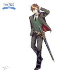 alternate_costume belt black_jacket black_pants brown_hair dated dress_shirt facial_hair fate/grand_order fate_(series) formal full_body goatee goya_(xalbino) green_vest hand_on_own_head handkerchief hector_(fate/grand_order) jacket male_focus monocle necktie one_eye_closed pant_suit pants ponytail scabbard sheath shirt signature solo suit sword tie_clip tuxedo vest weapon 