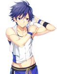  adonis_belt bandaid bandaid_on_nose biceps blue_eyes blue_hair cowboy_shot idolmaster idolmaster_side-m male_focus muscle nesuop_(sm_nesuop) simple_background solo sweat taiga_takeru tank_top towel towel_around_neck white_background wristband 