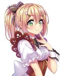  blonde_hair blush bow corset detached_sleeves downscaled gan_(shanimuni) green_eyes hair_bow hair_ornament hairclip highres juliet_sleeves long_hair long_sleeves looking_at_viewer md5_mismatch ponytail puffy_sleeves resized short_sleeves simple_background smile solo waitress white_background wrist_cuffs 