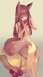  animal_ears apple bangs brown_hair crossed_legs food fruit gradient gradient_background hair_censor hair_over_breasts hand_in_hair hand_up holding holding_food holding_fruit holo long_hair looking_down nakaichi_(ridil) navel nude red_eyes sack simple_background sitting sitting_on_object solo spice_and_wolf tail tail_censor wolf_ears wolf_girl wolf_tail 