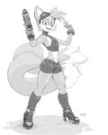  2016 anthro armpits bracelet bulge canine clothing eyewear footwear fox girly gloves goggles gun handgun high_heels jewelry male mammal midriff miles_prower monochrome multi_tail navel open_mouth ranged_weapon simple_background snao solo sonic_(series) standing weapon 