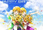  ahoge aoi_kyousuke aoi_yuusuke beanie belt bouquet bracelet brothers character_name cloud cloudy_sky cowboy_shot dated day eyebrows eyebrows_visible_through_hair flower glasses half-closed_eyes happy_birthday hat idolmaster idolmaster_side-m jewelry male_focus multiple_boys orange_hair rose siblings sky smile sunflower tulip twins w_(idolmaster) white_flower white_rose 