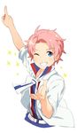  ;) arm_up belt blue_eyes cowboy_shot fang grin idol idolmaster idolmaster_side-m index_finger_raised kabuto_daigo looking_at_viewer male_focus one_eye_closed outstretched_hand pink_hair popped_collar sagami_hako shirt_tucked_in smile solo sparkle white_background 