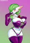  big_breasts blush breasts camel_toe clothing curvaceous female finger_in_mouth gardevoir huge_breasts humanoid jespassinthrough_(artist) legwear looking_at_viewer nintendo not_furry panties pok&eacute;mon pok&eacute;mon_(species) smile solo standing thick_thighs thigh_highs underwear video_games 