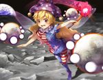  american_flag_dress american_flag_legwear blonde_hair blush clownpiece earth fairy_wings fire hat holding jester_cap long_hair looking_at_viewer moon neck_ruff open_mouth pantyhose piyodesu polka_dot red_eyes shirt short_sleeves smile solo space star star_print striped striped_legwear teeth torch touhou wings 
