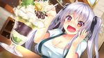  blush breasts cleavage dutch_angle fang food game_cg hair_ribbon hand_on_own_cheek ice_cream kimi_to_yumemishi large_breasts long_hair open_mouth orange_eyes ribbon shigure_(kimi_to_yumemishi) shimofuri silver_hair solo sparkling_eyes spoon suspenders table twintails 