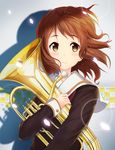  absurdres black_shirt brown_eyes brown_hair cherry_blossoms euphonium hibike!_euphonium highres holding instrument looking_at_viewer muren_k1ht oumae_kumiko school_uniform serafuku shirt short_hair smile solo upper_body 