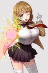  breasts brown_eyes brown_hair energy_gun eri_(resia) gloves hair_ornament hairclip highres huge_breasts narusawa_ryouka occultic;nine one_eye_closed open_mouth ray_gun short_hair skirt solo thighhighs weapon 