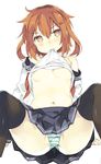  arm_support bad_id bad_twitter_id bare_shoulders black_legwear blush breasts brown_eyes brown_hair hair_between_eyes hair_ornament hairclip ikazuchi_(kantai_collection) kantai_collection knees_up lifted_by_self looking_at_viewer mouth_hold navel off_shoulder panties pleated_skirt roman_numerals school_uniform serafuku shimeji_(4_me_ji) shirt_lift short_hair simple_background sitting skirt small_breasts solo spread_legs stomach striped striped_panties thighhighs underboob underwear white_background 