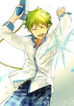  1boy akiyama_hayato alternate_costume arms_up belt closed_eyes cowboy_shot green_hair headset idolmaster idolmaster_side-m male_focus shirt smile solo water water_gun wet wet_clothes wet_shirt 