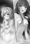  2girls breasts celia_clair cleavage collarbone covering covering_breasts eyebrows_visible_through_hair floating_hair greyscale hair_between_eyes hair_censor hair_over_breasts highres long_hair medium_breasts monochrome multiple_girls novel_illustration nude official_art open_mouth riv scan seirei_gensouki sidelocks sitting small_breasts split_screen standing tied_hair very_long_hair 
