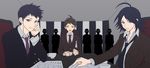  ahoge black_hair blue_eyes brown_hair cup danganronpa danganronpa/zero green_eyes guard hinata_hajime kirigiri_jin looking_at_viewer male_focus matsuda_yasuke meeting multiple_boys necktie okuragon papers purple_hair school_uniform silhouette source_request suit_jacket table teacup 