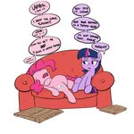  2016 belly big_belly cutie_mark duo earth_pony english_text equine female feral friendship_is_magic hair half-closed_eyes horn horse lying mammal my_little_pony on_back open_mouth pink_hair pinkie_pie_(mlp) pony purple_hair shoutingisfun simple_background sitting sofa text twilight_sparkle_(mlp) unicorn white_background 