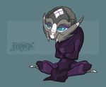  2015 alien big_eyes big_head blue_background blue_eyes chibi clothed clothing colored cyan_sclera digital_drawing_(artwork) digital_media_(artwork) fan_character female feranta full-length_portrait grey_body half-closed_eyes humanoid markings mass_effect no_pupils piercing portrait purple_clothing purple_markings shaded signature simple_background sitting solo toony turian video_games voluana white_markings 