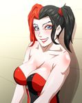  1girl black_hair blue_eyes breasts cleavage dc_comics grin harley_quinn lipstick makeup multicolored_hair red_hair solo twintails white_skin 