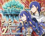  1boy 1girl anniversary armor blue_eyes blue_hair breastplate closed_mouth company_name copyright_name eyes_closed father_and_daughter fire_emblem fire_emblem:_kakusei fire_emblem_heroes gloves krom long_hair lucina nintendo official_art open_mouth short_hair signature throne tiara upper_body yamada_koutarou 