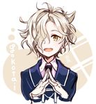  :d character_name fingers_together gokotai hair_over_one_eye male_focus messy_hair military military_uniform necktie open_mouth pale_skin sagami_hako smile solo touken_ranbu uniform upper_body wavy_hair white_hair yellow_eyes 