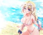  1girl beach bikini blonde_hair blue_sky braid braided_ponytail breasts cleavage cloud collarbone cowboy_shot erect_nipples fate/apocrypha fate_(series) gluteal_fold innertube jeanne_d&#039;arc_(fate) jeanne_d&#039;arc_(fate)_(all) large_breasts long_hair ocean outdoors see-through shiny shiny_skin single_braid sky solo standing swimsuit tokiwa_(kissusa) twitter_username very_long_hair white_bikini 