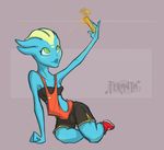  2015 4_fingers alien asari blue_lips blue_skin breasts brown_clothing clothing colored cute digital_drawing_(artwork) digital_media_(artwork) eyelashes fan_character female feranta footwear front_view full-length_portrait humanoid markings mass_effect not_furry ooshi orange_clothing pink_background portrait pose selfie shaded shirt shoes shorts signature simple_background solo toony video_games yellow_markings 