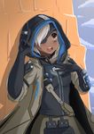  ana_(overwatch) braid dark_skin day eyepatch facial_tattoo garry_virgustry grey_hair hand_on_own_chest headband hood md5_mismatch open_mouth outdoors overwatch ponytail solo tattoo v 