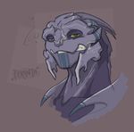  2015 alien blue_markings bust_portrait colored digital_drawing_(artwork) digital_media_(artwork) drunk fan_character feranta green_eyes green_sclera grin half-closed_eyes humanoid loganhen looking_at_viewer markings mass_effect no_pupils not_furry portrait purple_body red_background shaded signature simple_background smile solo toony turian video_games white_markings 