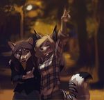  5_fingers anthro black_lips blonde_hair blurred_background brown_eyes canine clothed clothing detailed_background eyes_closed female fox hair koul mammal moon night open_mouth outside smile standing teeth tongue wolf 