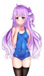  1girl absurdres ahoge azur_lane black_legwear blue_eyes blue_swimsuit breasts choker collarbone cowboy_shot eyebrows_visible_through_hair floating_hair gradient_hair highres long_hair lumu_yuanxiang multicolored_hair purple_hair school_swimsuit shiny shiny_hair side_ponytail simple_background skin_tight small_breasts solo standing swimsuit thigh_gap thighhighs unicorn_(azur_lane) very_long_hair white_background 