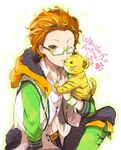 ;) alternate_costume alternate_hairstyle aoi_kyousuke boots bow bowtie cross-laced_footwear glasses hair_ornament hair_slicked_back hairclip hood hoodie idolmaster idolmaster_side-m jacket kiss male_focus navel one_eye_closed open_clothes open_jacket orange_eyes orange_hair paw_print smile solo wristband 