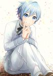  blazer blue_eyes blue_hair blue_nails brown_footwear formal jacket kaito kikuchi_mataha knees_up leg_hug looking_at_viewer male_focus nail_polish necktie project_diva_(series) shiny shoes simple_background sitting smile solo suit vocaloid white_blazer_(module) white_suit 