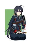  ahoge armor black_hair grimay hands_clasped japanese_armor male_focus military military_uniform namazuo_toushirou necktie own_hands_together ponytail purple_eyes seiza shoulder_armor sitting smile sode solo touken_ranbu uniform 