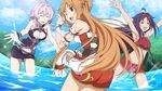  &gt;o&lt; ahoge armpits arms_up asuna_(sao) black_shorts breasts brown_eyes brown_hair cleavage closed_eyes cloud crop_top day game_cg hair_between_eyes hairband leaning_forward long_hair medium_breasts midriff mole mole_on_breast multiple_girls navel official_art one_eye_closed open_mouth outdoors pink_hair purple_hair purple_skirt red_hairband red_skirt shorts skirt sky strea sword_art_online sword_art_online:_hollow_realization wading water wet wrist_cuffs yuuki_(sao) 